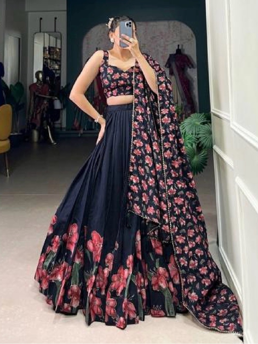 Black Floral Lehenga Set with Pink Blossom Print